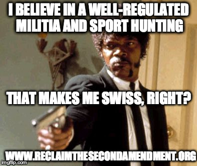 Say That Again I Dare You Meme | I BELIEVE IN A WELL-REGULATED MILITIA AND SPORT HUNTING THAT MAKES ME SWISS, RIGHT? WWW.RECLAIMTHESECONDAMENDMENT.ORG | image tagged in memes,say that again i dare you | made w/ Imgflip meme maker