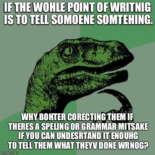 Philosoraptor Meme | IF THE WOHLE POINT OF WRITNIG IS TO TELL SOMOENE SOMTEHING. WHY BOHTER CORECTING THEM IF THERES A SPELING OR GRAMMAR MITSAKE IF YOU CAN UNDE | image tagged in memes,philosoraptor | made w/ Imgflip meme maker