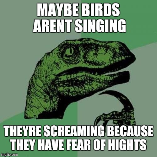 Philosoraptor Meme | MAYBE BIRDS ARENT SINGING THEYRE SCREAMING BECAUSE THEY HAVE FEAR OF HIGHTS | image tagged in memes,philosoraptor | made w/ Imgflip meme maker