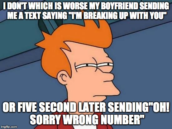 Futurama Fry | I DON'T WHICH IS WORSE MY BOYFRIEND SENDING ME A TEXT SAYING
"I'M BREAKING UP WITH YOU" OR FIVE SECOND LATER SENDING"OH! SORRY WRONG NUMBER" | image tagged in memes,futurama fry | made w/ Imgflip meme maker