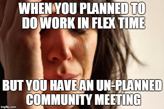 First World Problems | WHEN YOU PLANNED TO DO WORK IN FLEX TIME BUT YOU HAVE AN UN-PLANNED COMMUNITY MEETING | image tagged in memes,first world problems | made w/ Imgflip meme maker