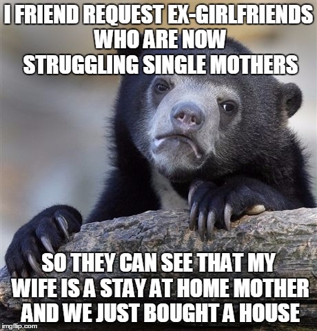 Confession Bear | I FRIEND REQUEST EX-GIRLFRIENDS WHO ARE NOW STRUGGLING SINGLE MOTHERS SO THEY CAN SEE THAT MY WIFE IS A STAY AT HOME MOTHER AND WE JUST BOUG | image tagged in memes,confession bear,AdviceAnimals | made w/ Imgflip meme maker