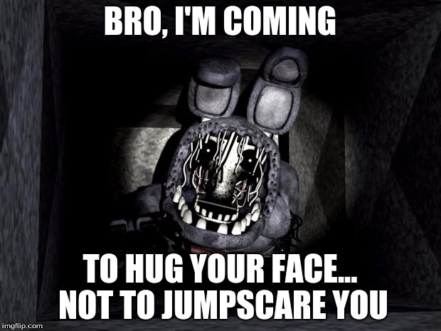 FNAF_Bonnie | BRO, I'M COMING TO HUG YOUR FACE... NOT TO JUMPSCARE YOU | image tagged in fnaf_bonnie | made w/ Imgflip meme maker