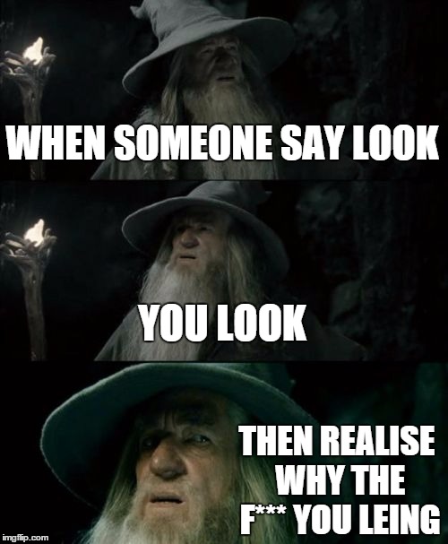Confused Gandalf Meme | WHEN SOMEONE SAY LOOK YOU LOOK THEN REALISE WHY THE F*** YOU LEING | image tagged in memes,confused gandalf | made w/ Imgflip meme maker