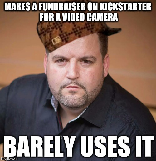 Typical Feuerstein's issues with money. | MAKES A FUNDRAISER ON KICKSTARTER FOR A VIDEO CAMERA BARELY USES IT | image tagged in scumbag joshua feuerstein,facebook,televangelist,creationism,science,anti-religion | made w/ Imgflip meme maker