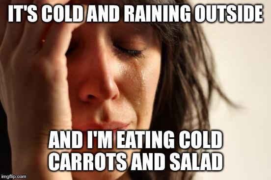 First World Problems | IT'S COLD AND RAINING OUTSIDE AND I'M EATING COLD CARROTS AND SALAD | image tagged in memes,first world problems | made w/ Imgflip meme maker
