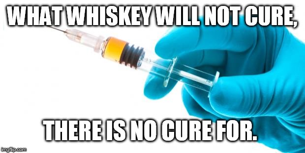 Syringe vaccine medicine | WHAT WHISKEY WILL NOT CURE, THERE IS NO CURE FOR. | image tagged in syringe vaccine medicine | made w/ Imgflip meme maker