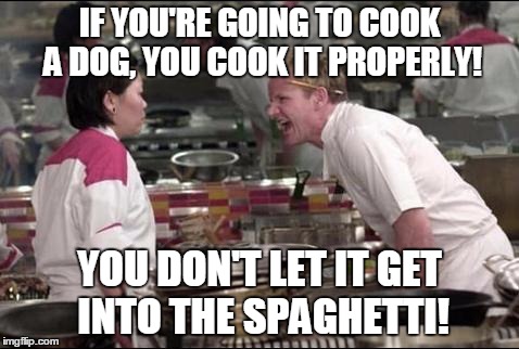 IF YOU'RE GOING TO COOK A DOG, YOU COOK IT PROPERLY! YOU DON'T LET IT GET INTO THE SPAGHETTI! | made w/ Imgflip meme maker