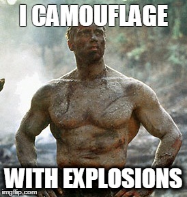 Predator Meme | I CAMOUFLAGE WITH EXPLOSIONS | image tagged in memes,predator | made w/ Imgflip meme maker