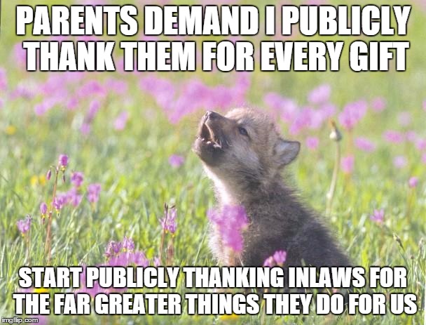 Baby Insanity Wolf | PARENTS DEMAND I PUBLICLY THANK THEM FOR EVERY GIFT START PUBLICLY THANKING INLAWS FOR THE FAR GREATER THINGS THEY DO FOR US | image tagged in memes,baby insanity wolf,AdviceAnimals | made w/ Imgflip meme maker