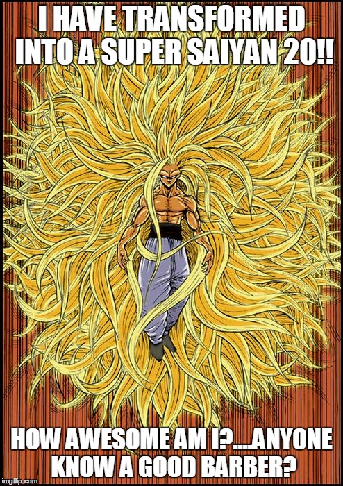 I HAVE TRANSFORMED INTO A SUPER SAIYAN 20!! HOW AWESOME AM I?....ANYONE KNOW A GOOD BARBER? | image tagged in super saiyan,dragonball z,dragonball,goku,vegeta | made w/ Imgflip meme maker