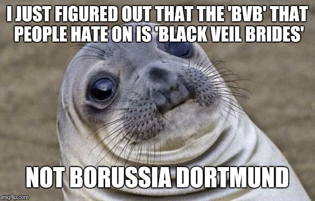 I never knew what people had against a specific soccer team  | I JUST FIGURED OUT THAT THE 'BVB' THAT PEOPLE HATE ON IS 'BLACK VEIL BRIDES' NOT BORUSSIA DORTMUND | image tagged in memes,awkward moment sealion | made w/ Imgflip meme maker