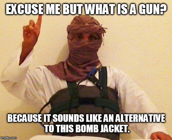 EXCUSE ME BUT WHAT IS A GUN? BECAUSE IT SOUNDS LIKE AN ALTERNATIVE TO THIS BOMB JACKET. | made w/ Imgflip meme maker