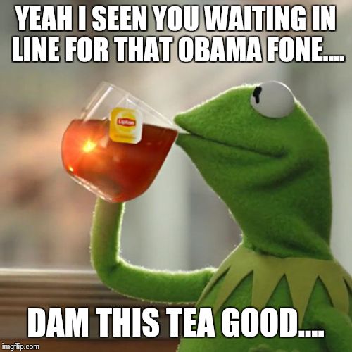 But That's None Of My Business | YEAH I SEEN YOU WAITING IN LINE FOR THAT OBAMA FONE.... DAM THIS TEA GOOD.... | image tagged in memes,but thats none of my business,kermit the frog | made w/ Imgflip meme maker