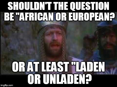 SHOULDN'T THE QUESTION BE "AFRICAN OR EUROPEAN? OR AT LEAST "LADEN OR UNLADEN? | made w/ Imgflip meme maker