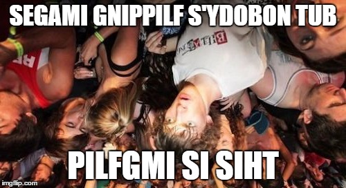Sudden Clarity Clarence Meme | SEGAMI GNIPPILF S'YDOBON TUB PILFGMI SI SIHT | image tagged in memes,sudden clarity clarence | made w/ Imgflip meme maker