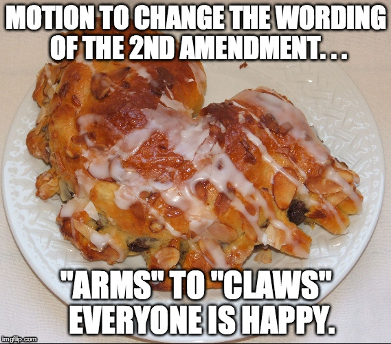MOTION TO CHANGE THE WORDING OF THE 2ND AMENDMENT. . . "ARMS" TO "CLAWS" EVERYONE IS HAPPY. | image tagged in bearclaw | made w/ Imgflip meme maker
