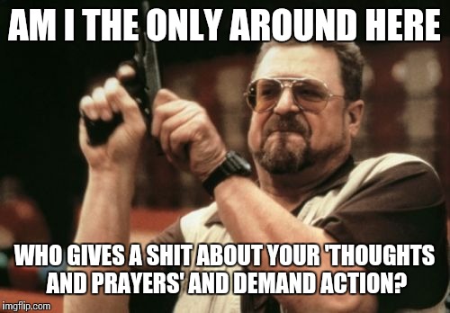 Am I The Only One Around Here | AM I THE ONLY AROUND HERE WHO GIVES A SHIT ABOUT YOUR 'THOUGHTS AND PRAYERS' AND DEMAND ACTION? | image tagged in memes,am i the only one around here | made w/ Imgflip meme maker