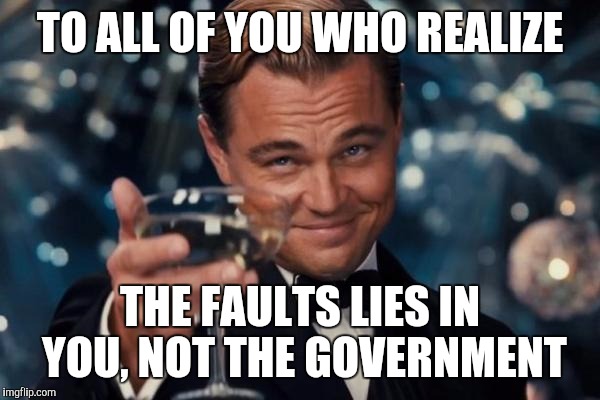 Leonardo Dicaprio Cheers | TO ALL OF YOU WHO REALIZE THE FAULTS LIES IN YOU, NOT THE GOVERNMENT | image tagged in memes,leonardo dicaprio cheers | made w/ Imgflip meme maker