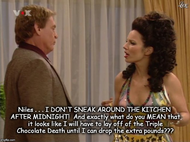 Niles and The Nanny | Niles . . . I DON'T SNEAK AROUND THE KITCHEN AFTER MIDNIGHT!  And exactly what do you MEAN that it looks like I will have to lay off of the  | image tagged in the nanny,niles | made w/ Imgflip meme maker