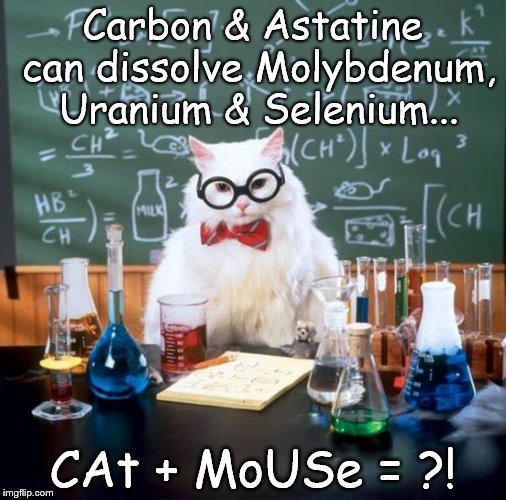 Chemistry Cat | Carbon & Astatine can dissolve Molybdenum, Uranium & Selenium... CAt + MoUSe = ?! | image tagged in memes,chemistry cat,reaction,carbon,astatine,mouse | made w/ Imgflip meme maker