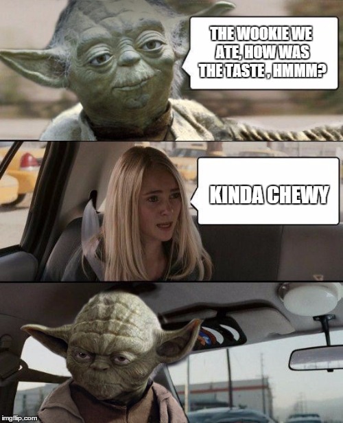 Yoda Driving | THE WOOKIE WE ATE, HOW WAS THE TASTE , HMMM? KINDA CHEWY | image tagged in yoda driving | made w/ Imgflip meme maker