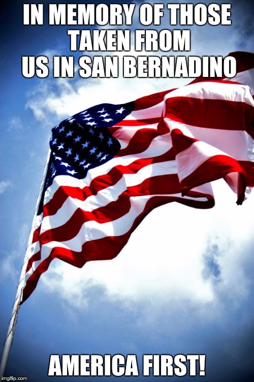 U.S. military flag waving on pole | IN MEMORY OF THOSE TAKEN FROM US IN SAN BERNADINO AMERICA FIRST! | image tagged in us military flag waving on pole | made w/ Imgflip meme maker