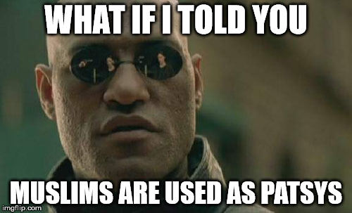 Matrix Morpheus Meme | WHAT IF I TOLD YOU MUSLIMS ARE USED AS PATSYS | image tagged in memes,matrix morpheus | made w/ Imgflip meme maker