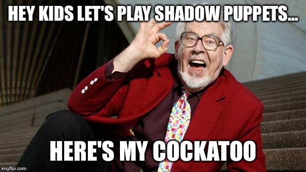 rolf harris  | HEY KIDS LET'S PLAY SHADOW PUPPETS... HERE'S MY COCKATOO | image tagged in rolf harris  | made w/ Imgflip meme maker