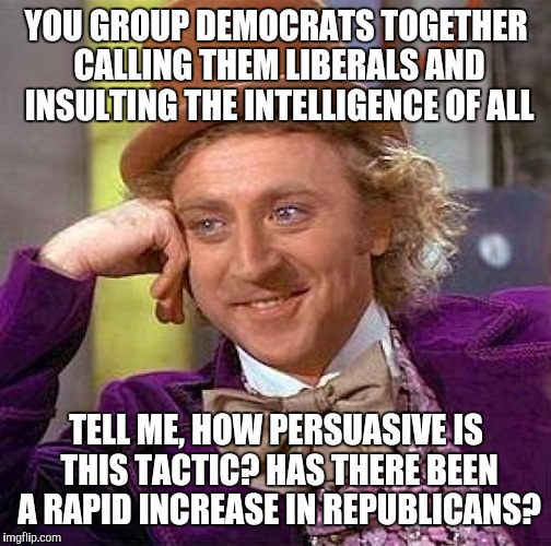 Creepy Condescending Wonka Meme | YOU GROUP DEMOCRATS TOGETHER CALLING THEM LIBERALS AND INSULTING THE INTELLIGENCE OF ALL TELL ME, HOW PERSUASIVE IS THIS TACTIC? HAS THERE B | image tagged in memes,creepy condescending wonka | made w/ Imgflip meme maker