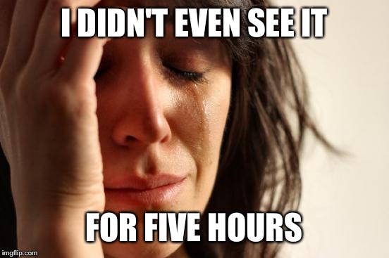 First World Problems Meme | I DIDN'T EVEN SEE IT FOR FIVE HOURS | image tagged in memes,first world problems | made w/ Imgflip meme maker