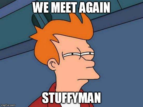 WE MEET AGAIN STUFFYMAN | image tagged in memes,futurama fry | made w/ Imgflip meme maker