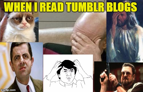 Captain Picard Facepalm | WHEN I READ TUMBLR BLOGS | image tagged in memes,captain picard facepalm,tumblr,wtf,jackie chan wtf,facepalm | made w/ Imgflip meme maker