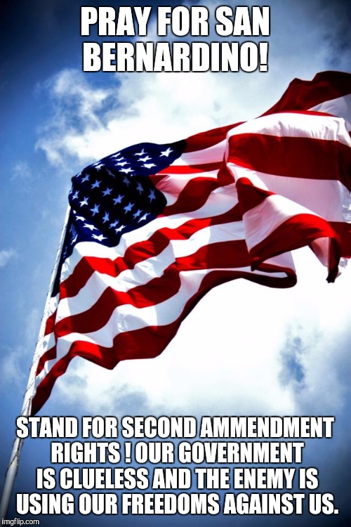 U.S. military flag waving on pole | PRAY FOR SAN BERNARDINO! STAND FOR SECOND AMMENDMENT RIGHTS ! OUR GOVERNMENT IS CLUELESS AND THE ENEMY IS USING OUR FREEDOMS AGAINST US. | image tagged in us military flag waving on pole | made w/ Imgflip meme maker