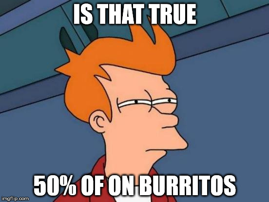 Futurama Fry | IS THAT TRUE 50% OF ON BURRITOS | image tagged in memes,futurama fry | made w/ Imgflip meme maker