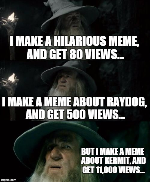 Confused Gandalf Meme | I MAKE A HILARIOUS MEME, AND GET 80 VIEWS... I MAKE A MEME ABOUT RAYDOG, AND GET 500 VIEWS... BUT I MAKE A MEME ABOUT KERMIT, AND GET 11,000 | image tagged in memes,confused gandalf | made w/ Imgflip meme maker