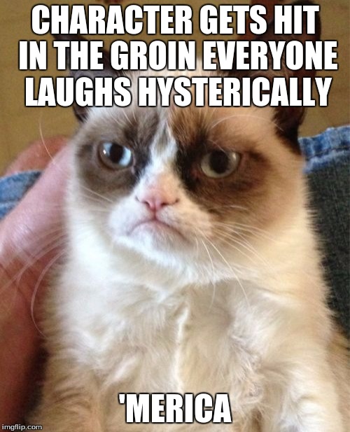 Grumpy Cat | CHARACTER GETS HIT IN THE GROIN EVERYONE LAUGHS HYSTERICALLY 'MERICA | image tagged in memes,grumpy cat | made w/ Imgflip meme maker