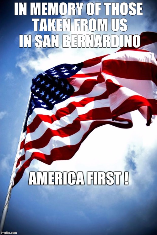 U.S. military flag waving on pole | IN MEMORY OF THOSE TAKEN FROM US IN SAN BERNARDINO AMERICA FIRST ! | image tagged in us military flag waving on pole | made w/ Imgflip meme maker