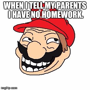 WHEN I TELL MY PARENTS I HAVE NO HOMEWORK. | image tagged in liar mario | made w/ Imgflip meme maker