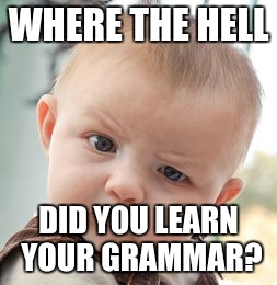 WHERE THE HELL DID YOU LEARN YOUR GRAMMAR? | image tagged in memes,skeptical baby | made w/ Imgflip meme maker