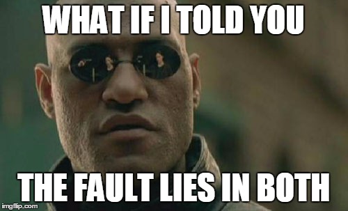 Matrix Morpheus Meme | WHAT IF I TOLD YOU THE FAULT LIES IN BOTH | image tagged in memes,matrix morpheus | made w/ Imgflip meme maker