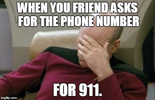 Captain Picard Facepalm | WHEN YOU FRIEND ASKS FOR THE PHONE NUMBER FOR 911. | image tagged in memes,captain picard facepalm | made w/ Imgflip meme maker