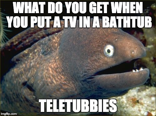 Bad Joke Eel Meme | WHAT DO YOU GET WHEN YOU PUT A TV IN A BATHTUB TELETUBBIES | image tagged in memes,bad joke eel | made w/ Imgflip meme maker