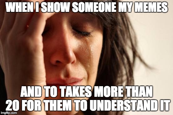 First World Problems Meme | WHEN I SHOW SOMEONE MY MEMES AND TO TAKES MORE THAN 20 FOR THEM TO UNDERSTAND IT | image tagged in memes,first world problems | made w/ Imgflip meme maker