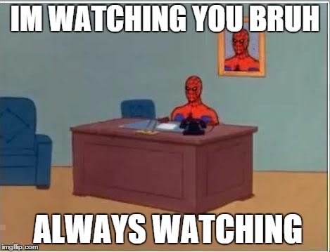 Spiderman Computer Desk | IM WATCHING YOU BRUH ALWAYS WATCHING | image tagged in memes,spiderman computer desk,spiderman | made w/ Imgflip meme maker