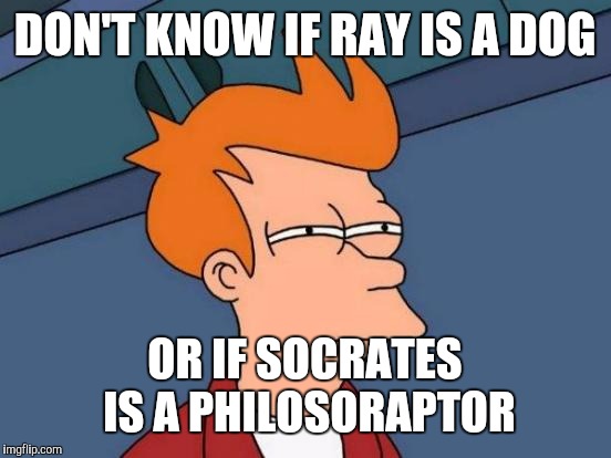 Futurama Fry Meme | DON'T KNOW IF RAY IS A DOG OR IF SOCRATES IS A PHILOSORAPTOR | image tagged in memes,futurama fry | made w/ Imgflip meme maker