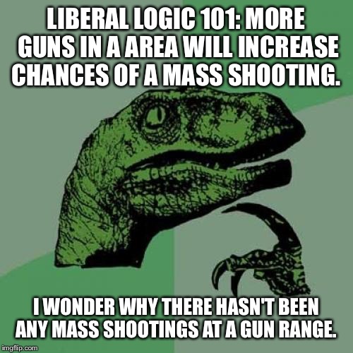 Philosoraptor Meme | LIBERAL LOGIC 101: MORE GUNS IN A AREA WILL INCREASE CHANCES OF A MASS SHOOTING. I WONDER WHY THERE HASN'T BEEN ANY MASS SHOOTINGS AT A GUN  | image tagged in memes,philosoraptor | made w/ Imgflip meme maker