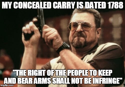 Am I The Only One Around Here | MY CONCEALED CARRY IS DATED 1788 "THE RIGHT OF THE PEOPLE TO KEEP AND BEAR ARMS SHALL NOT BE INFRINGE" | image tagged in memes,am i the only one around here | made w/ Imgflip meme maker