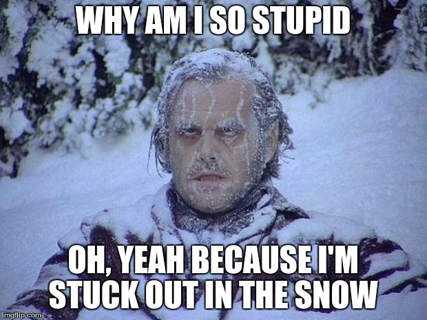 Jack Nicholson The Shining Snow | WHY AM I SO STUPID OH, YEAH BECAUSE I'M STUCK OUT IN THE SNOW | image tagged in memes,jack nicholson the shining snow | made w/ Imgflip meme maker