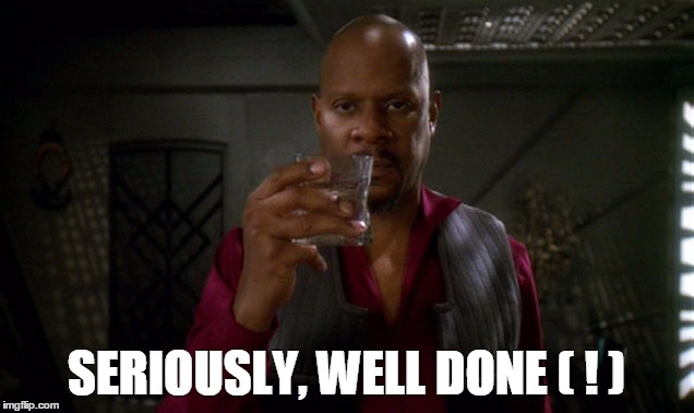 Sisko with glass | SERIOUSLY, WELL DONE ( ! ) | image tagged in sisko with glass | made w/ Imgflip meme maker